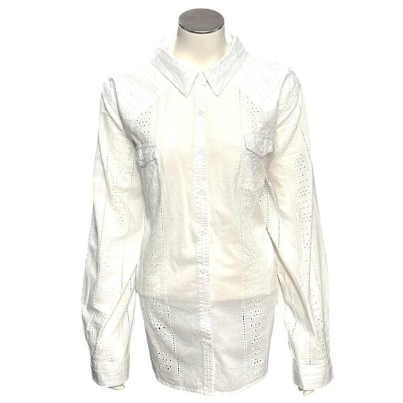 CCC Vintage White Long Sleeve Cotton Eyelet Button Up Shirt With Pockets Size XL - Picture 1 of 6